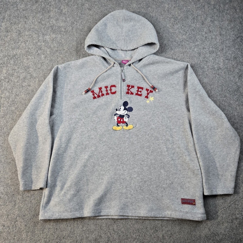 Vintage Disney Hoodie Womens Large Gray 1/4 Zip Fleece Mickey Mouse Y2k Pullover